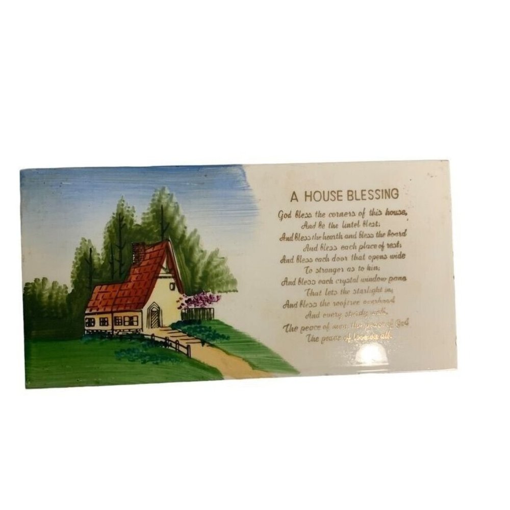 Ucagco Ceramics House Blessing Vintage Decorative Tile 6x3 Inch Felt‎ Back Japan